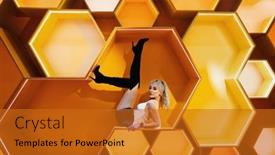  Presentation with interior - Presentation theme having beautiful-blonde-woman-in-colorful background and a gold colored foreground
