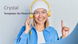  Presentation with listening woman - Beautiful slide deck featuring beautiful-blonde-woman-listening backdrop and a sky blue colored foreground