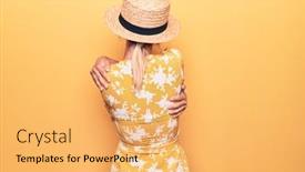  Presentation with self care - Presentation design consisting of beautiful-blonde-woman-on-vacation background and a yellow colored foreground