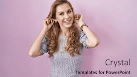  Presentation with ears - Presentation theme enhanced with beautiful-blonde-woman-standing-over background and a soft green colored foreground