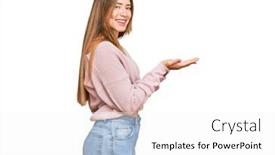  Presentation with woman hands open - Cool new PPT theme with beautiful-blonde-woman-wearing-casual backdrop and a white colored foreground