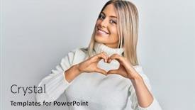  Presentation with heart hands - PPT theme enhanced with beautiful-blonde-woman-wearing-casual background and a light gray colored foreground