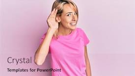  Presentation with listening woman - Colorful presentation theme enhanced with beautiful-blonde-woman-wearing-casual backdrop and a lemonade colored foreground