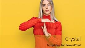  Presentation with clothes - Cool new PPT theme with beautiful-blonde-woman-wearing-casual backdrop and a gold colored foreground