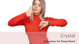  Presentation with conflict - Colorful presentation design enhanced with beautiful-blonde-woman-wearing-casual backdrop and a coral colored foreground