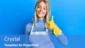  Presentation with apron - Presentation design with beautiful-blonde-woman-wearing-cleaner background and a teal colored foreground