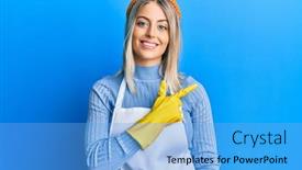  Presentation with apron - Cool new slide deck with beautiful-blonde-woman-wearing-cleaner backdrop and a light blue colored foreground