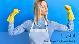  Presentation with pregnant woman cleaning - Beautiful presentation theme featuring beautiful-blonde-woman-wearing-cleaner backdrop and a light blue colored foreground