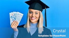  Presentation with graduation - PPT theme enhanced with beautiful-blonde-woman-wearing-graduation background and a teal colored foreground