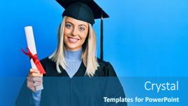  Presentation with graduation black graduate hat - Beautiful PPT theme featuring beautiful-blonde-woman-wearing-graduation backdrop and a ocean colored foreground