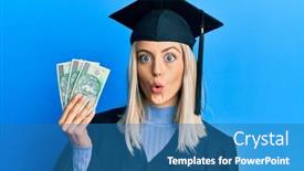  Presentation with ceremony - Audience pleasing presentation design consisting of beautiful-blonde-woman-wearing-graduation backdrop and a teal colored foreground