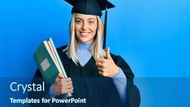  Presentation with ceremony - PPT theme featuring beautiful-blonde-woman-wearing-graduation background and a ocean colored foreground