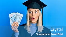  Presentation with graduation - Audience pleasing PPT theme consisting of beautiful-blonde-woman-wearing-graduation backdrop and a teal colored foreground