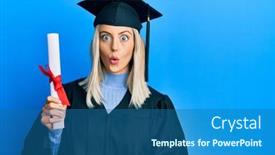  Presentation with graduation - Amazing slide deck having beautiful-blonde-woman-wearing-graduation backdrop and a ocean colored foreground