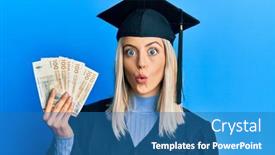  Presentation with denmark - Colorful presentation design enhanced with beautiful-blonde-woman-wearing-graduation backdrop and a teal colored foreground