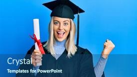  Presentation with graduation - Presentation theme enhanced with beautiful-blonde-woman-wearing-graduation background and a ocean colored foreground