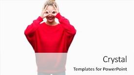  Presentation with eye glasses looking at world - Slides with beautiful blonde woman wearing red background and a  colored foreground