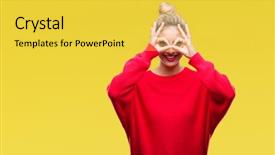  Presentation with eye glasses looking at world - Audience pleasing slide deck consisting of beautiful blonde woman wearing red backdrop and a  colored foreground