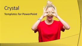  Presentation with eye glasses looking at world - Slide deck having beautiful blonde woman wearing red background and a  colored foreground