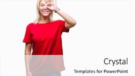  Presentation with eye - Cool new presentation theme with beautiful blonde woman wearing red backdrop and a  colored foreground