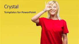  Presentation with eye - Colorful slide deck enhanced with beautiful blonde woman wearing red backdrop and a  colored foreground