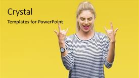  Presentation with rock star - Cool new slide deck with beautiful blonde woman wearing stripes backdrop and a yellow colored foreground