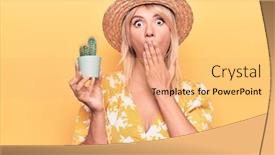  Presentation with hand holding plant - Beautiful slide deck featuring beautiful-blonde-woman-wearing-summer backdrop and a yellow colored foreground