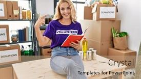  Presentation with taking notes - PPT theme having beautiful-blonde-woman-wearing-volunteer background and a  colored foreground