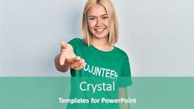  Presentation with hand palm - PPT theme having beautiful-blonde-woman-wearing-volunteer background and a teal colored foreground