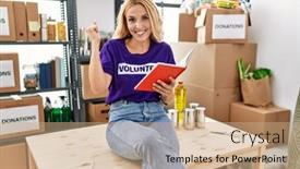  Presentation with taking notes - Presentation design consisting of beautiful-blonde-woman-wearing-volunteer background and a  colored foreground