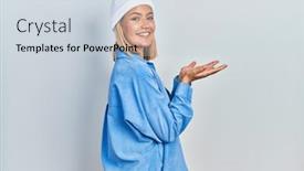  Presentation with woman hands open - PPT layouts with beautiful-blonde-woman-wearing-wool background and a lemonade colored foreground