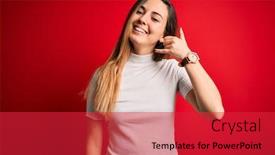  Presentation with red telephone - PPT layouts enhanced with beautiful-blonde-woman-with-blue background and a red colored foreground