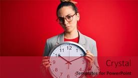  Presentation with clock countdown - Audience pleasing PPT theme consisting of beautiful-blonde-woman-with-blue backdrop and a crimson colored foreground