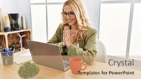 Presentation with forgiveness - PPT theme having beautiful-blonde-woman-working background and a coral colored foreground
