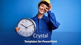  Presentation with clock face - PPT theme having beautiful-blonde-worker-woman background and a ocean colored foreground