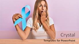  Presentation with blue ribbon - Beautiful presentation theme featuring beautiful-blonde-young-woman-holding backdrop and a coral colored foreground