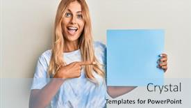  Presentation with banner blue - PPT layouts enhanced with beautiful-blonde-young-woman-holding background and a light blue colored foreground