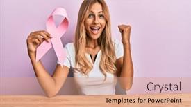  Presentation with pink ribbon - Beautiful PPT theme featuring beautiful-blonde-young-woman-holding backdrop and a coral colored foreground