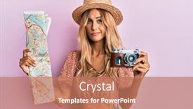  Presentation with map vintage - Amazing PPT theme having beautiful-blonde-young-woman-holding backdrop and a coral colored foreground
