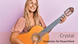  Presentation with classical guitar - Colorful presentation theme enhanced with beautiful-blonde-young-woman-playing backdrop and a gold colored foreground