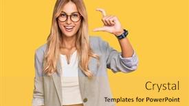  Presentation with fingers - PPT theme featuring beautiful-blonde-young-woman-wearing background and a yellow colored foreground