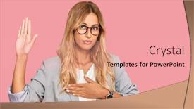  Presentation with hand palm - Presentation design consisting of beautiful-blonde-young-woman-wearing background and a coral colored foreground
