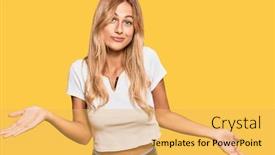  Presentation with tshirt - Beautiful slide deck featuring beautiful-blonde-young-woman-wearing backdrop and a yellow colored foreground
