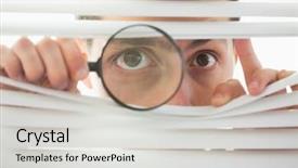  Presentation with magnifying glass - Presentation theme enhanced with beautiful brown male eyes spying background and a light gray colored foreground