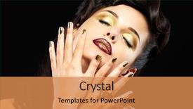  Presentation with golden woman - PPT layouts having beautiful brunet woman with golden nails and style makeup of eyes - on black background background and a coral colored foreground