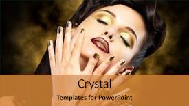  Presentation with golden woman - Cool new slides with beautiful brunet woman with golden nails over style background backdrop and a gold colored foreground