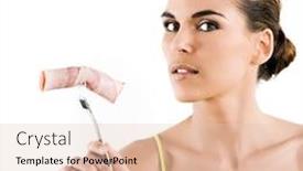  Presentation with white and black woman climbing ladders - Audience pleasing theme consisting of beautiful brunette caucasian woman on white background and slice of ham on a fork backdrop and a lemonade colored foreground