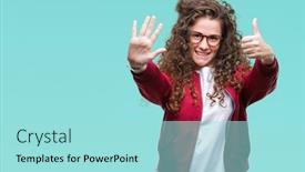  Presentation with curly hair - Slide set enhanced with beautiful brunette curly hair young girl wearing jacket and glasses over isolated background showing and pointing up with fingers number six while smiling confident and happy background and a arctic colored foreground