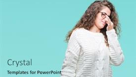  Presentation with breath - Presentation enhanced with beautiful brunette curly hair young girl wearing winter sweater over isolated background smelling something stinky and disgusting intolerable smell holding breath with fingers on nose bad smells background and a arctic colored foreground