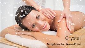  Presentation with falling snow - Theme consisting of beautiful brunette enjoying a shoulder massage smiling at camera against snow falling background and a coral colored foreground